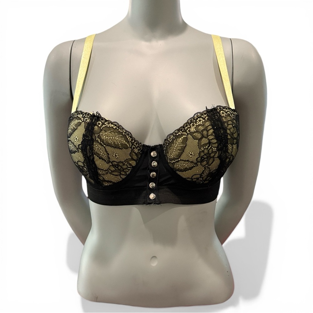 Charlotte Russe Black Lace Longline Bustier Push Up Bra Yellow Accents Size 36C